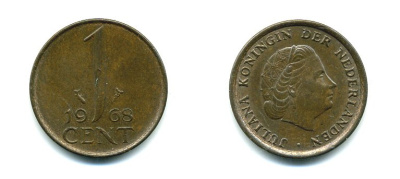 НИДЕРЛАНДЫ 1 ЦЕНТ 1968 ЮЛИАНА KM 180 бронза 76-267