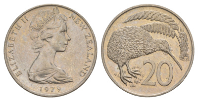 Новая Зеландия 20 центов 1979 Елизавета II (1952-2022), птичка киви KM 36.1 медно-никель 4182-1145