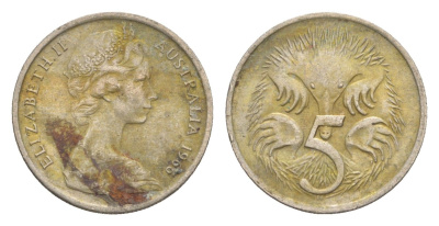 Австралия 5 центов 1966 Елизавета II (1952-2022) молодой портрет, ехидна KM 64 медно-никель 4151-312