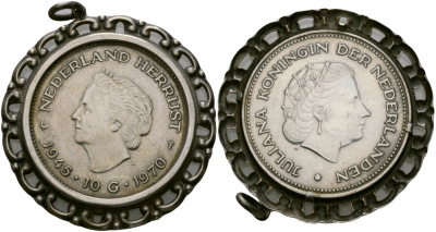 Нидерланды 10 гульденов 1970 25 лет освобождения от фашизма (1945-1970), Юлиана, кулон в оправе KM 195 серебро 00-00