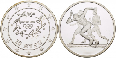 Греция 10 евро 2003 XXVIII летние Олимпийские игры 2004 года в Афинах, легкая атлетика, бег KM 190 серебро PROOF 06-273-11