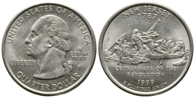 США 25 центов = квотер 1999 Р, серия штаты США, Нью-Джерси KM 295 медь плакированная медно-никелем 4610-547