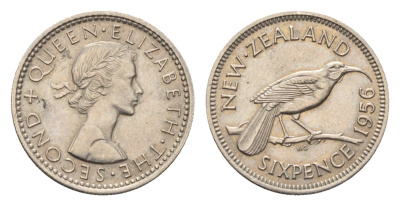 Новая Зеландия 6 пенсов 1956 Елизавета II (1952-2022), разноклювая гуйя KM 26.2 медно-никель 39-1238