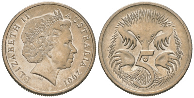 Австралия 5 центов 2001 Елизавета II (1952-2022), ехидна KM 401 медно-никель 4623-369