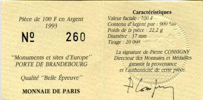 Франция 100 франков - 15 экю 1993 серия архитектурные монументы Европы (Бранденбургские ворота в Берлине), в коробке с сертификатом KM серебро  PROOF  7-6-1-43