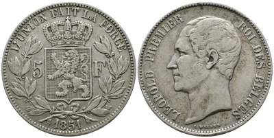 Бельгия 5 франков 1851 Леопольд I (1831-1865) KM 17 серебро 00-1067-4-12