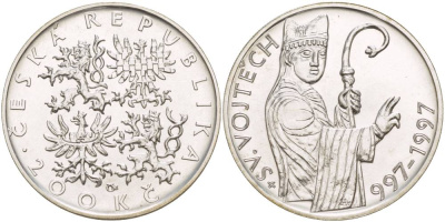 ЧЕХИЯ 200 КРОН 1997 1000 ЛЕТ СО ДНЯ СМЕРТИ СВЯТОГО ВОЙТЕХА, АДАЛЬБЕРТА ПРАЖСКОГО (997-1997) KM 27 серебро UNC 00-000-00