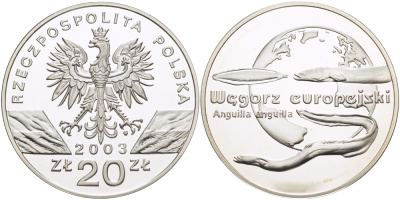 Польша 20 злотых 2003 MW, серия сохраним наш мир, европейский угорь KM 449 серебро PROOF 1080-5-61