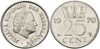 НИДЕРЛАНДЫ 25 ЦЕНТОВ 1970 ЮЛИАНА KM 183 никель 96-223