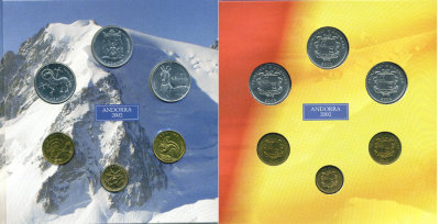 Испания, Франция, Андорра набор из 2 евронаборов по 8 монет и набора из 6 монет 2002 оригинальный, официальный набор, презентация Андорры в евро UNC 7-6-1-08