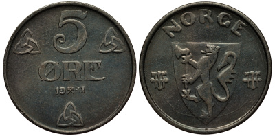 НОРВЕГИЯ 5 ЭРЕ 1941 ХОКОН VII (1905-1957) KM 388 железо 1520-1225