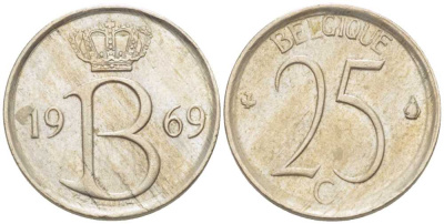 БЕЛЬГИЯ 25 САНТИМОВ 1969 BELGIQUE KM 153.1 медно-никель 201-1265