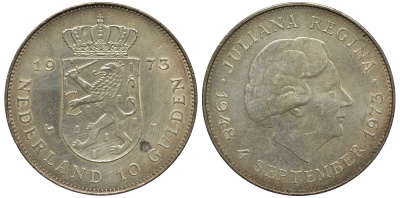 Нидерланды 10 гульденов 1973 25 лет правления королевы Юлианы KM 196 серебро aUNC 443-213
