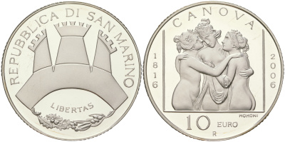 Сан-Марино 10 евро 2006 Антонио Канова, Три Грации, в оригинальной коробке с сертификатом KM 477 серебро PROOF 4-3-5-12