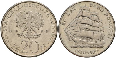 Польша 20 злотых 1980 MW, 50 лет фрегату «Дары Поморца» KM 112, Parchimowicz 253 медно-никель 4157-1021