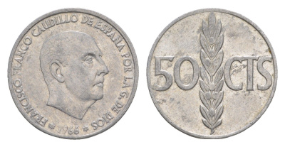 Испания 50 сентимо 1966 (68) Франсиско Франко (1939-1975) KM 795 алюминий 4611-415