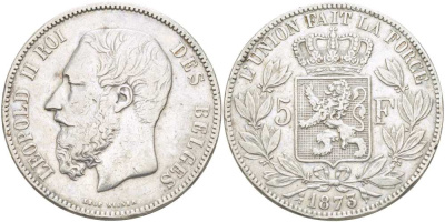 Бельгия 5 франков 1873 Леопольд II (1865-1909) KM 24 серебро 4184-624