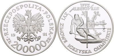 Польша 200000 злотых 1991 MW, XVI Зимние Олимпийские игры 1992 в Альбервиле, горные лыжи, гигантский слалом KM 226, Parchimowicz 643 серебро  PROOF  1071-5-41
