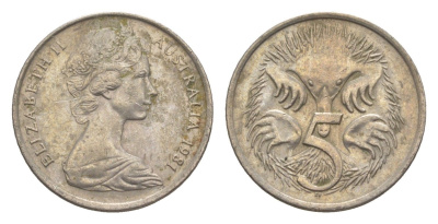 Австралия 5 центов 1981 Елизавета II (1952-2022) молодой портрет, ехидна KM 64 медно-никель 4152-538