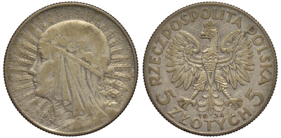 ПОЛЬША 5 ЗЛОТЫХ 1934 w, ЯДВИГА KM 21 серебро 92-315