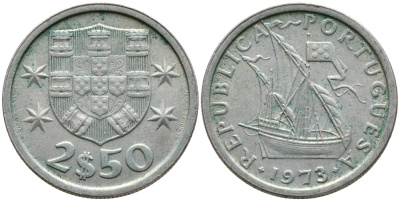 ПОРТУГАЛИЯ 2,5 ЭСКУДО 1973 ПАРУСНИК KM 590 медно-никель 4387-118