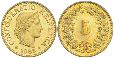 ШВЕЙЦАРИЯ 5 РАППЕНОВ 1985 KM 26с алюминий латунь 105-1019