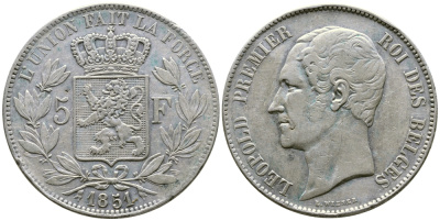 Бельгия 5 франков 1851 Леопольд I (1831-1865) KM 17 серебро 00-1067-5-24