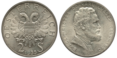 Австрия 2 шиллинга 1935 25 лет со дня смерти Карла Люгера KM 2855 серебро 413-5911