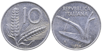 ИТАЛИЯ 10 ЛИР 1974 R. ПЛУГ KM 93 алюминий 51-2933