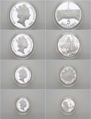 Австралия набор из 4 монет 1988 50 центов, 1, 2, 5 долларов, в оригинальной коробке, с сертификатом KM PS 56 (99а, 100а, 101а, 102а) серебро PROOF 7-5-1-19