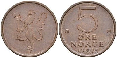 Норвегия 5 эре 1975 Улаф V (1958-1991) KM 415 бронза UNC 4582-542