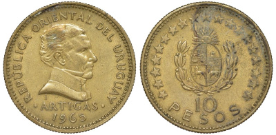 Уругвай 10 песо 1965 KM 48 алюминиевая бронза 4574-1236