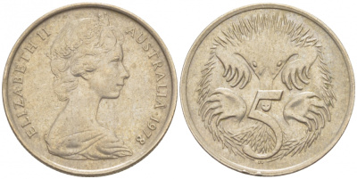 АВСТРАЛИЯ 5 ЦЕНТОВ 1978 ЕЛИЗАВЕТА II, МОЛОДОЙ ПОРТРЕТ, ЕХИДНА KM 64 медно-никель 3851-1129