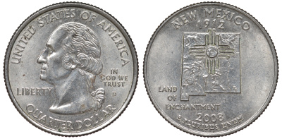 США 25 центов = квотер 2008 D, серия штаты США, Нью-Мексико KM 422 медь плакированная медно-никелем 4525-322