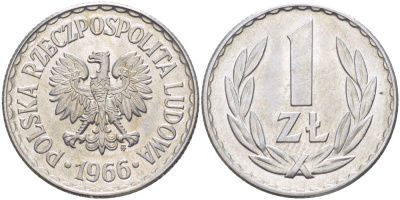ПОЛЬША 1 ЗЛОТЫЙ 1966 MW KM 49.1, Parchimowicz 213c алюминий UNC 216-813