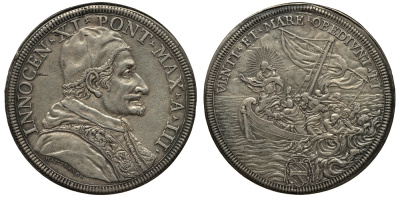 Ватикан 1 пиастр A III (1678/1679) Иннокентий XI, Ииусус усмиряющий бурю на море  Dav. 4089, Muntoni 43 серебро 10-005-27