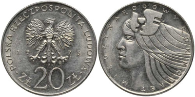 Польша 20 злотых 1975 MW, Международный год женщины KM 75, Parchimowicz 248 медно-никель 180-421