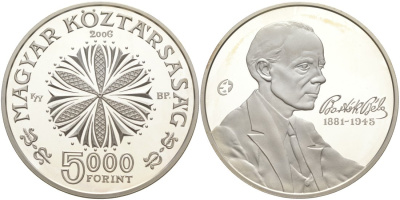 Венгрия 5000 форинтов 2006 125 лет со дня рождения Бела Бартока, композитор KM 791 серебро  PROOF 11-345-13