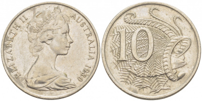 Австралия 10 центов 1980 Елизавета II (1952-), птица лирахвост KM 65 медно-никель 3457-647