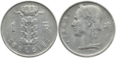 БЕЛЬГИЯ 1 ФРАНК 1969 BELGIE KM 143.1 медно-никель 4388-1157