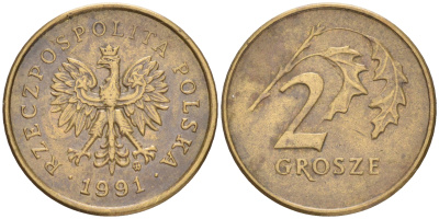 ПОЛЬША 2 ГРОША 1991 MW KM 277 латунь 4516-1054