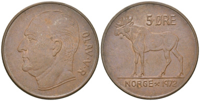 Норвегия 5 эре 1972 лось, Улаф V (1958 - 1991) KM 405 бронза UNC 4119-544