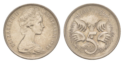 Австралия 5 центов 1980 Елизавета II (1952-2022) молодой портрет, ехидна KM 64 медно-никель 4655-1268