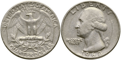 США 25 центов (квотер) 1968 Вашингтон KM 164а медь плакированная медно-никелем 4388-342