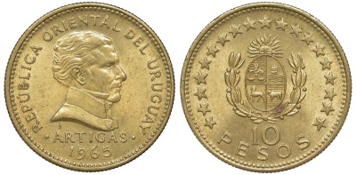 Уругвай 10 песо 1965 KM 48 алюминиевая бронза 4574-936