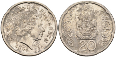 Новая Зеландия 20 центов 2008 Елизавета II (1952-2022), идол Пукаки KM 118а никелированная сталь 4579-1242
