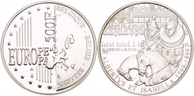 Бельгия 500 франков 1999 Альберт и Изабелла, миллениум KM 212 серебро PROOF 1088-4-43