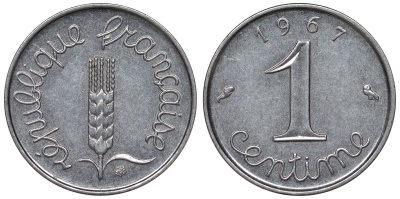 Франция 1 сантим 1967 пятая республика KM 928, Le Franc 106.13 нержавеющая сталь 4124-411