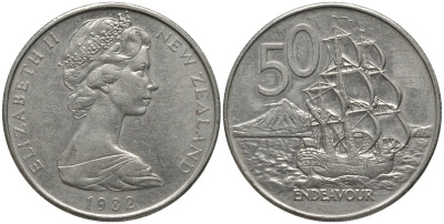 Новая Зеландия 50 центов 1982 Елизавета II (1952-2022), парусник Индевор KM 37 медно-никель 4578-114