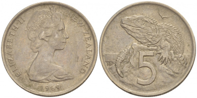 Новая Зеландия 5 центов 1969 Елизавета II (1952-2022), ящерица гаттерия KM 34.1 медно-никель 4528-851